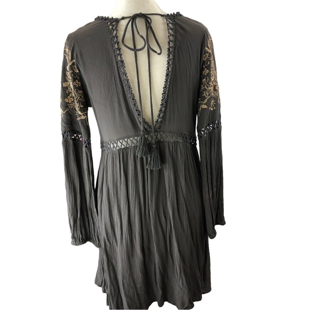 En Crème Popover Top Dress Women M Gray with Gold Metallic Thread Embroidery - Picture 7 of 11